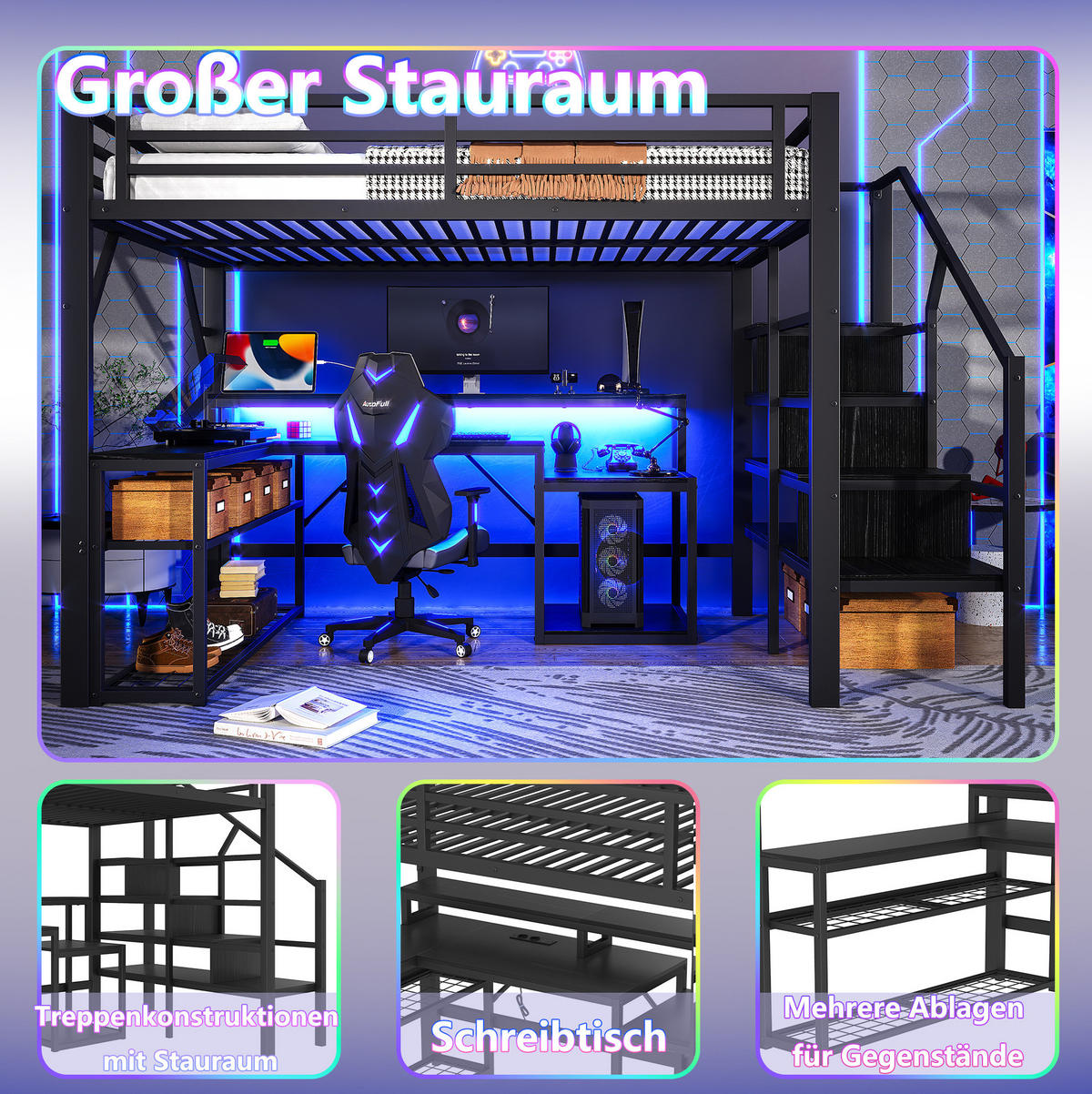 HOCHBETT 140/200 cm aus Metall und MDF mit Schreibtisch, LED-Beleuchtung und Stauraumtreppe Schwarz - Schwarz, Metall (140/200cm) - Modenvie