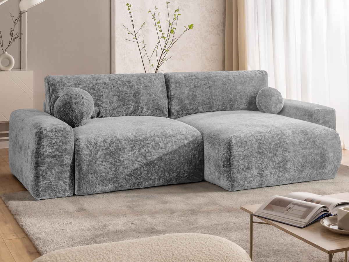 ECKSOFA Puffy mit Schlaffunktion und Bettkasten - besonders weich und puffig aus Hellgrau Stoff mit Chenillestruktur - Ottomane rechts - Hellgrau/Schwarz, Holz/Kunststoff (266/138cm) - S-Style Möbel