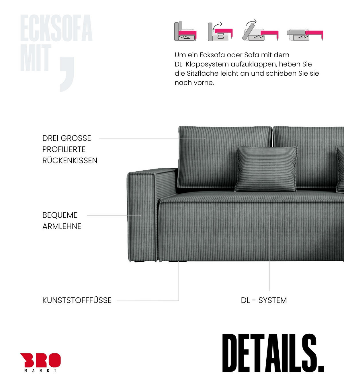 ECKSOFA Dexter mit Schlaffunktion Grau Cord - Grau, Textil (238/141cm) - Bromarkt