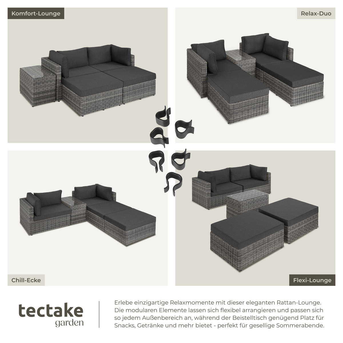 RATTANLOUNGE San Domino,mit Sicherheitsglasplatte,hellgrau/dunkelgrau - Dunkelgrau/Hellgrau, Kunststoff (72/63cm) - tectake