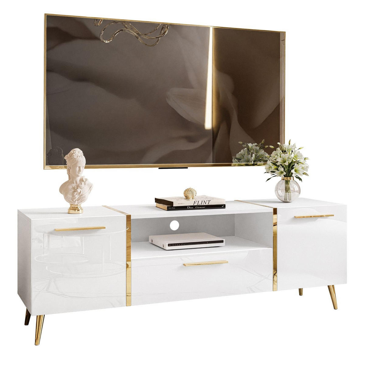 TV-ELEMENT ONYX AUF GOLDENEN BEINEN HOCHGLANZ 158 CM - Weiß, Holzwerkstoff (158/53/41.3cm) - Lookway