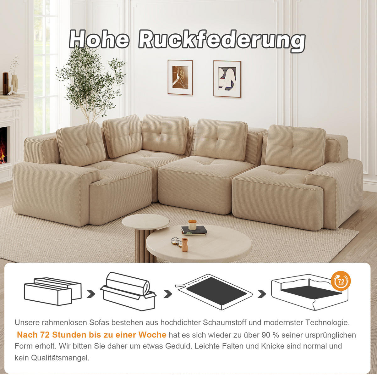 ECKSOFA aus Cord mit modularem Design Beige - Beige, Textil (104/382cm) - Modenvie