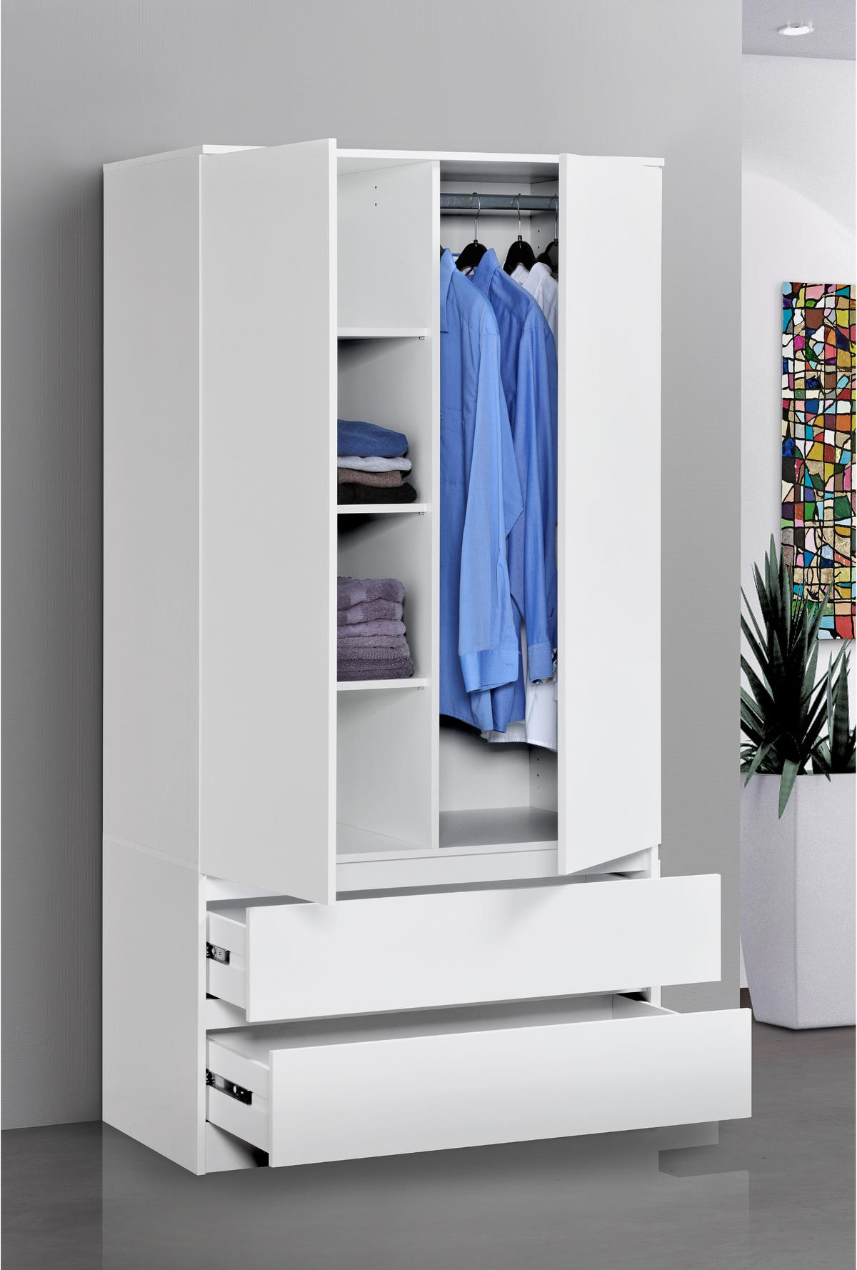 GARDEROBE mit 2 Türen, 3 Einlegeböden und 2 Schubkästen in weiß - Weiß, Holzwerkstoff (90/182/51cm) - Home Collective