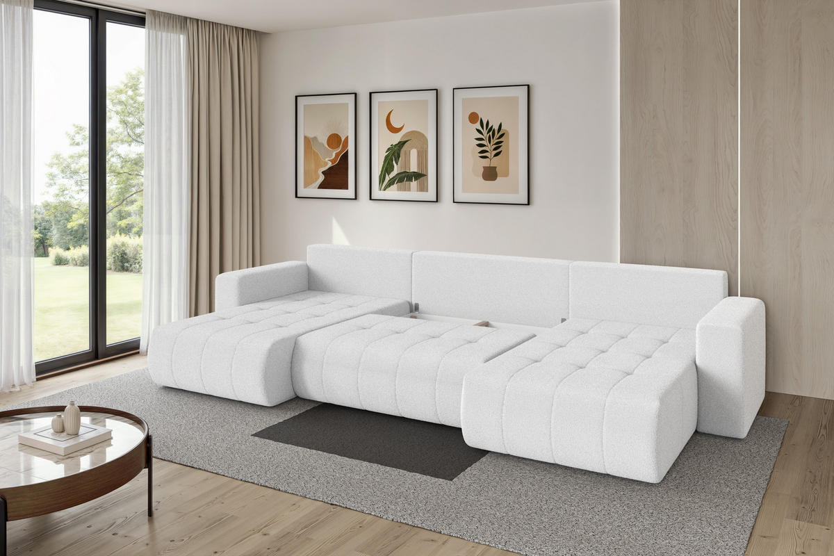 SEDACÍ SOUPRAVA DO U s funkcí spaní a úložným prostorem MILA-U 378x194x86 bílá bouclé - bílá/černá, kompozitní dřevo/textil (378/86/194cm) - ALTDECOR