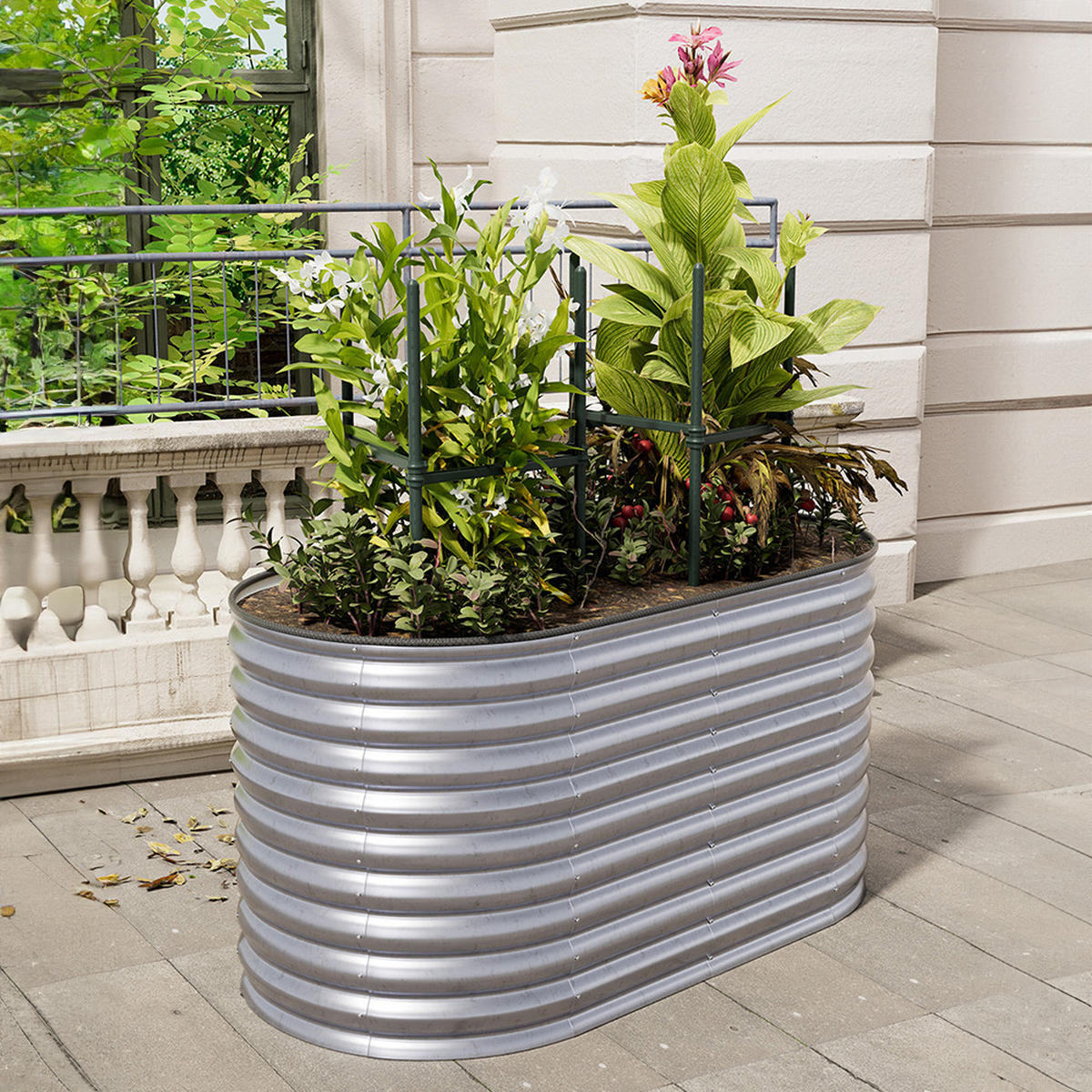 HOCHBEET-PFLANZKASTEN mit Pflanzenstütze aus verzinktem Stahl in verzinkten Silber Ovalen Garten Balkon rostfest 160 × 80 × 80 cm - Grün, Metall (80/80/160cm) - Livingandhome