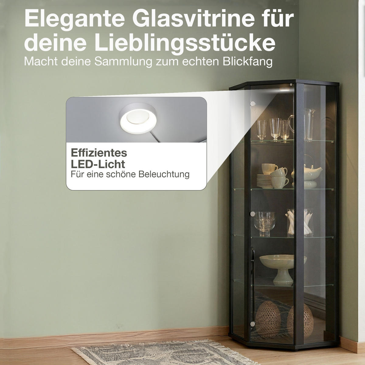 ECKVITRINE 56,5/56,5/176 cm mit LED - Transparent/Silberfarben, Glas/Holzwerkstoff (56.5/176/56.5cm) - K-Möbel