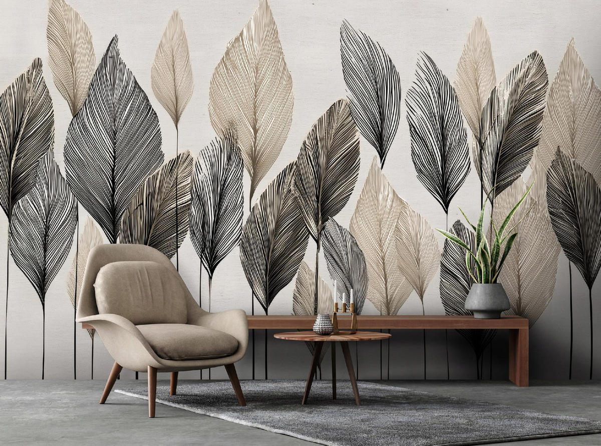 FOTOTAPETE Blätter Boho Beige Betonwand Wohnzimmer 400x280 - Multicolor, Papier (400/280cm) - Wallarena