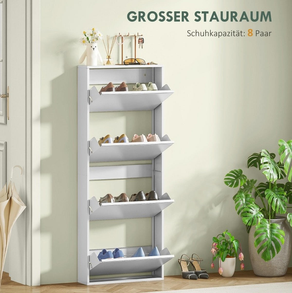 SCHUHSCHRANK aus Metall 15x55x139,5 cm Weiß mit 4 Klappen, wandmontiert und platzsparend - Weiß, Metall (55/139/15cm) - Modfu