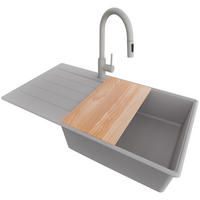 GRANITSPÜLE Kopenhagen, 2-er set Grau 90/50 cm 1 Becken + Küchenarmatur 40/20 cm + Ablauf-Set + Schneidebrett ab 60er Unterschrank - Chromfarben/Beige, Kunststoff (90/20/50cm) - Primagran
