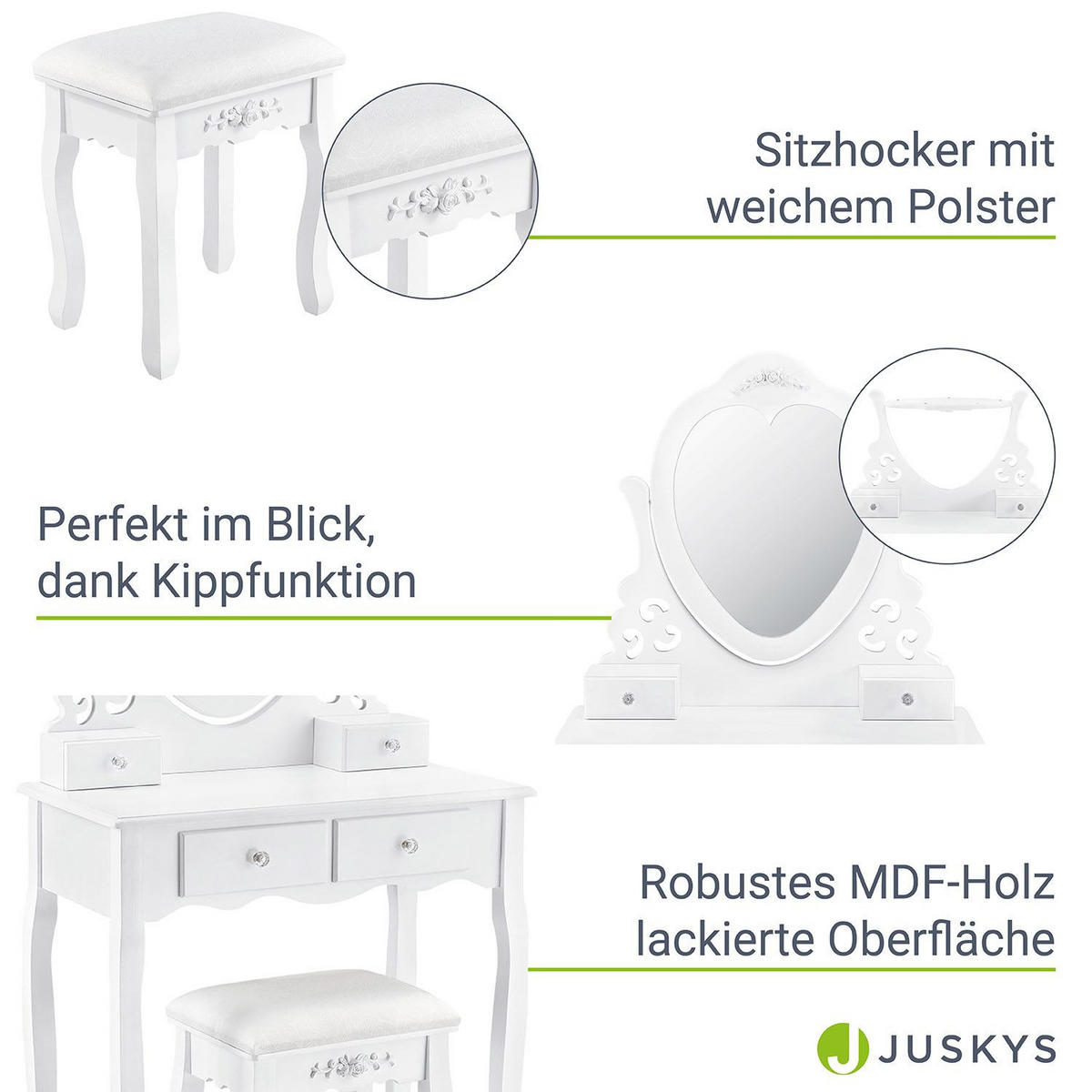 SCHMINKTISCH Julia weiß mit Herzspiegel und Hocker - Weiß, Holzwerkstoff (74/138/40cm) - Juskys