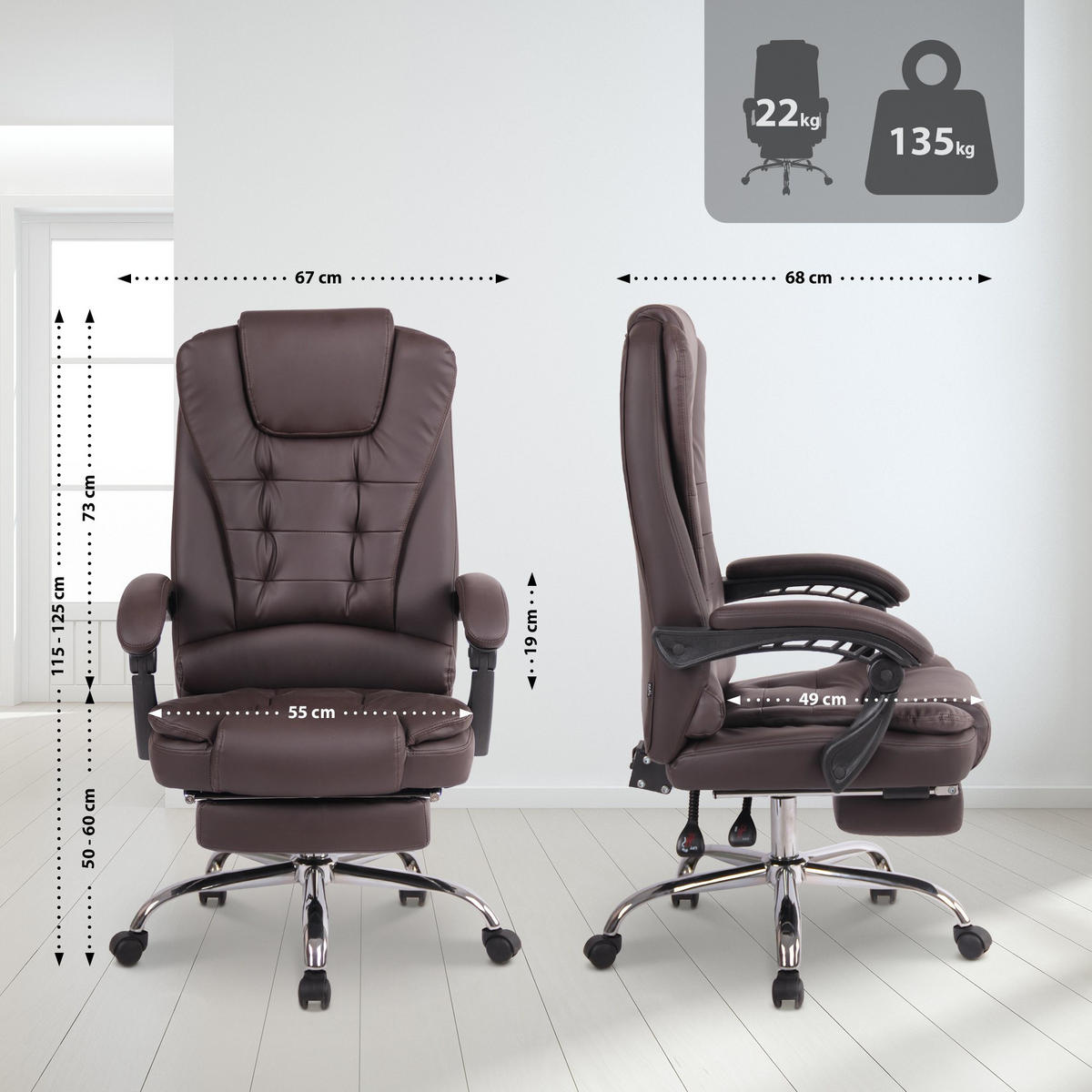 CHEFSESSEL Lederlook Braun - Chromfarben/Braun, Textil/Metall (67/115/68cm) - CLP
