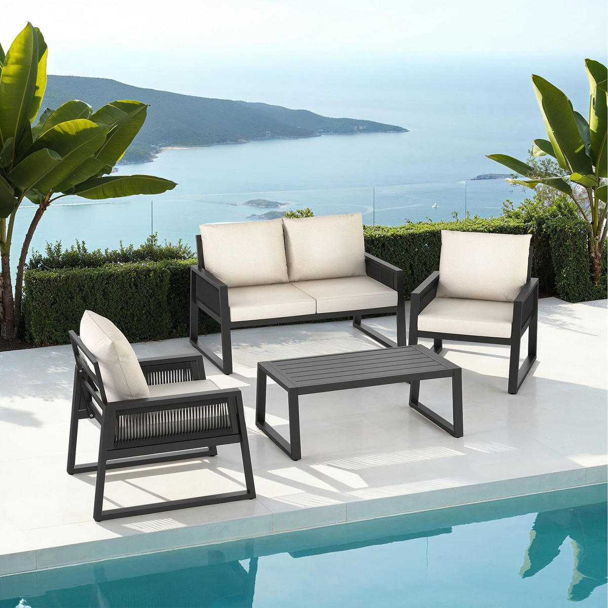 GARTEN-LOUNGE SET Captive,Tisch mit Lamellenmuster,anthrazit - Anthrazit, Kunststoff/Metall - tectake