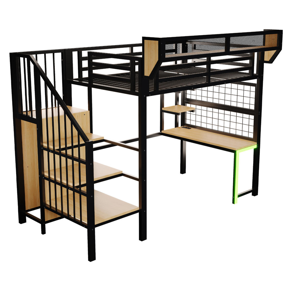 HOCHBETT 90/200 cm mit Schreibtisch, Regal, Aufbewahrungsleiter, LED-Beleuchtung und Steckdose, Schwarz - Schwarz, Holzwerkstoff (90/200cm) - Redom