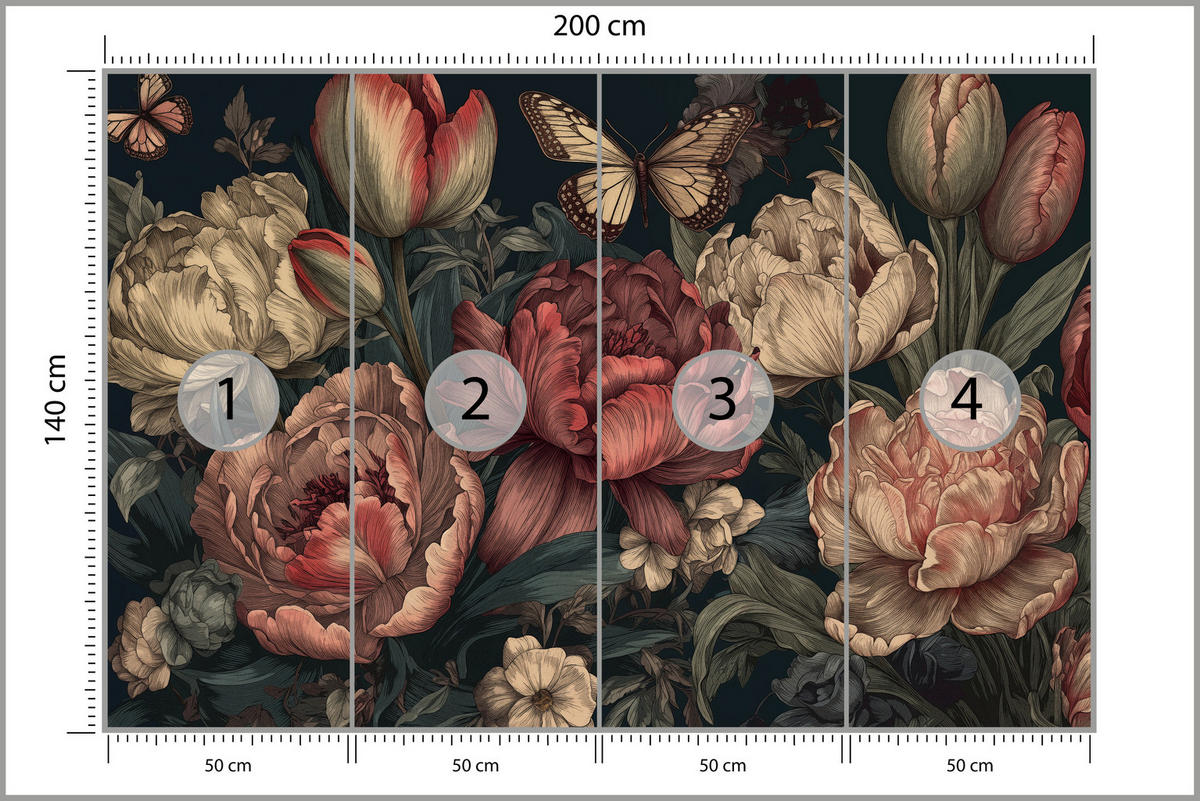 FOTOTAPETE für Schlafzimmer Pfingstrosen Tulpen Vintage Blumen Rosa Natur 200x140 - Gelb/Beige, Papier (200/140cm) - Muralo
