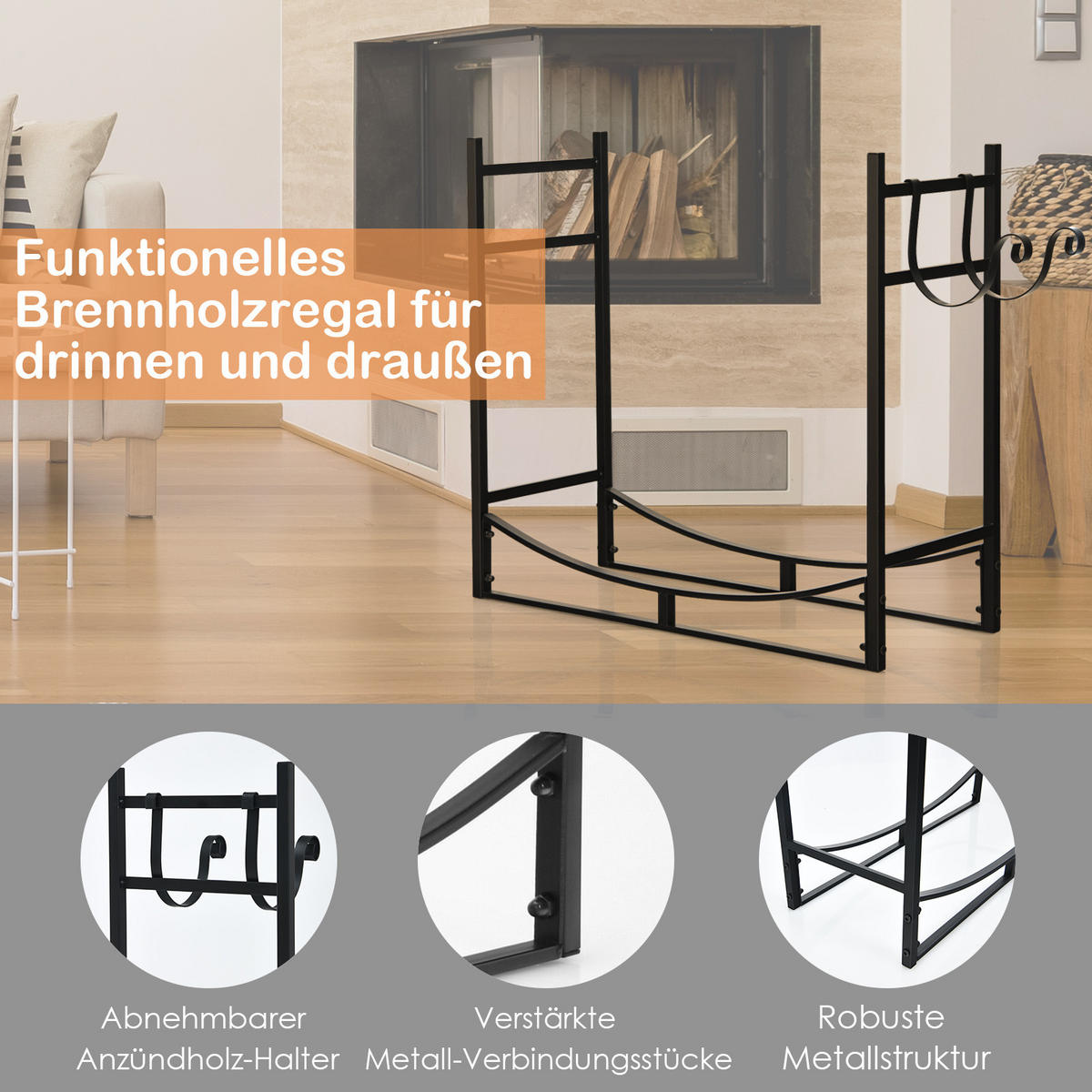 KAMINHOLZREGAL Schwarz - Schwarz, Metall (33/76/84cm) - COSTWAY
