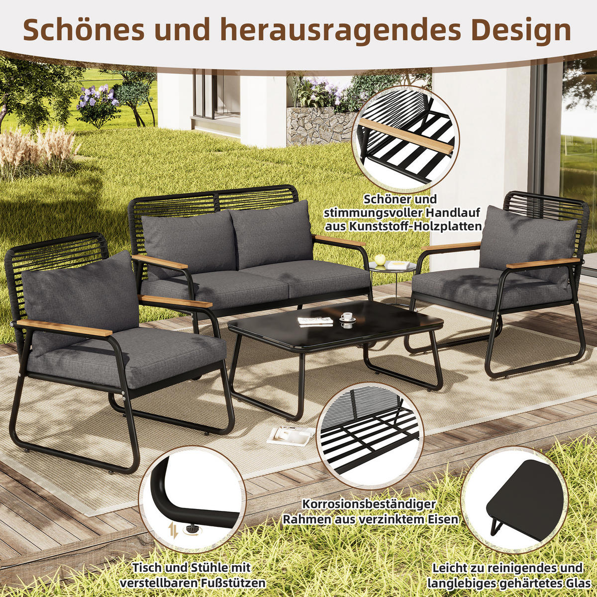 GARTEN-LOUNGE-SET mit Metallgestell & Glastisch, 118/65/78 cm + 2/ 63/65/78 cm, Schwarz - Schwarz, Metall - Redom