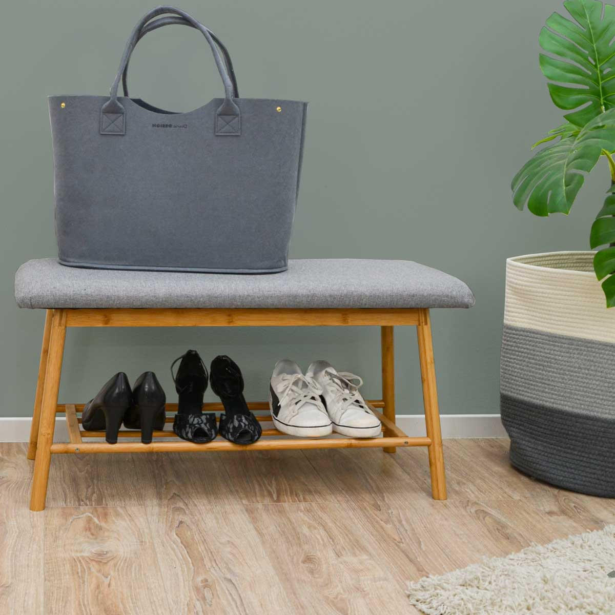 SITZBANK-SCHUHREGAL 90/34/44 cm, Hellgrau - Grau, Kunststoff (34/44/90cm) - Dunedesign