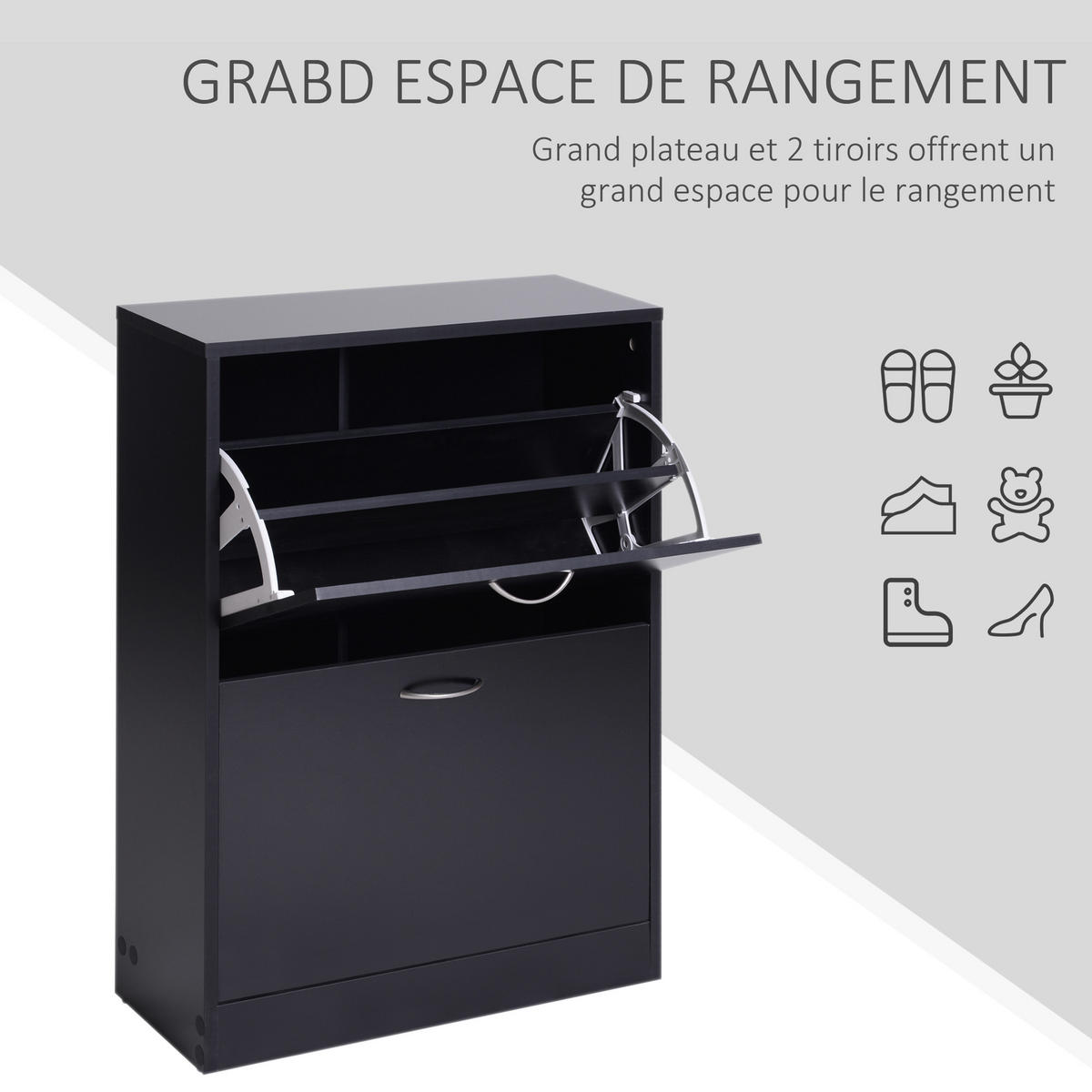 SCHUHSCHRANK DE-14972 2 Klapptüren 60x24x80 cm Schwarz - Schwarz, Holzwerkstoff (10/10/10cm) - ComfortXL