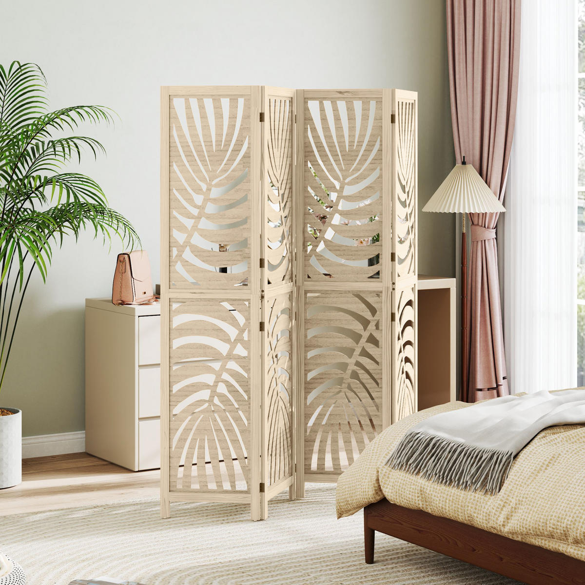 PARAVENT DE-14293 4-teilig, abnehmbare Segmente, Palmblatt-Motiv Natur - Naturfarben, Holz (160/170/1.7cm) - ComfortXL