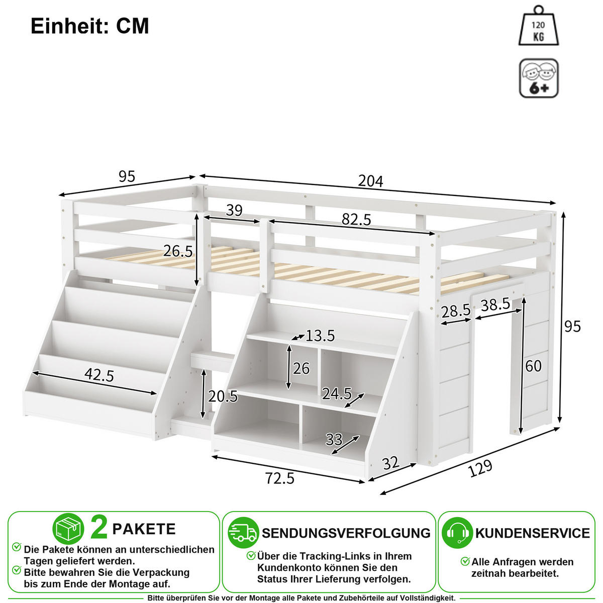HOCHBETT 90/200 cm in Weiß mit Stauraum, LED und Sicherheitsgitter aus Kiefernholz - Weiß, Holz/Holzwerkstoff (90/200cm) - CHICFURN