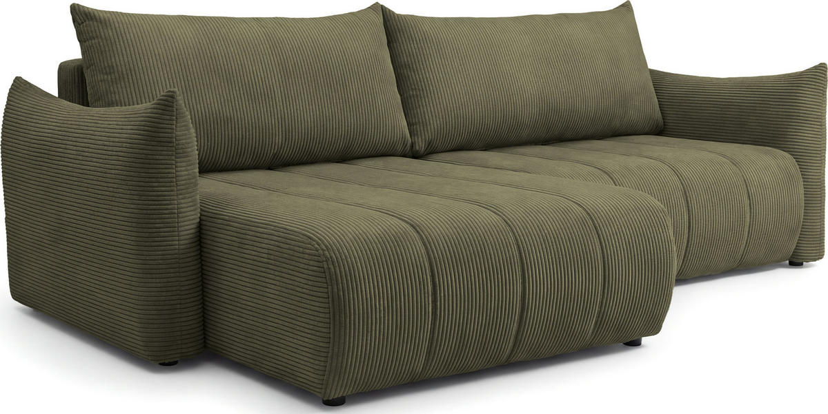 ECKSOFA Liv mit Schlaffunktion & Bettkasten in Cordstoff Olivgrün, Universell 260/154/86 cm - Schwarz/Olivgrün, Kunststoff/Textil (260/154cm) - WFL GROUP