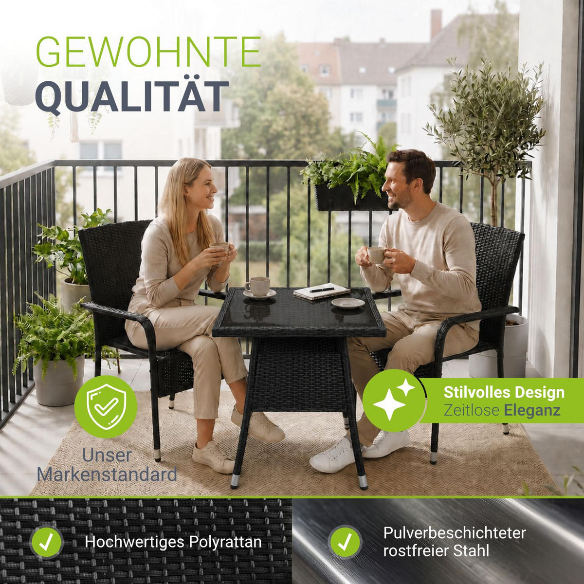 GARTENTISCH Yoro schwarz 80x80 cm - Schwarz, Kunststoff (80/80/73cm) - Juskys