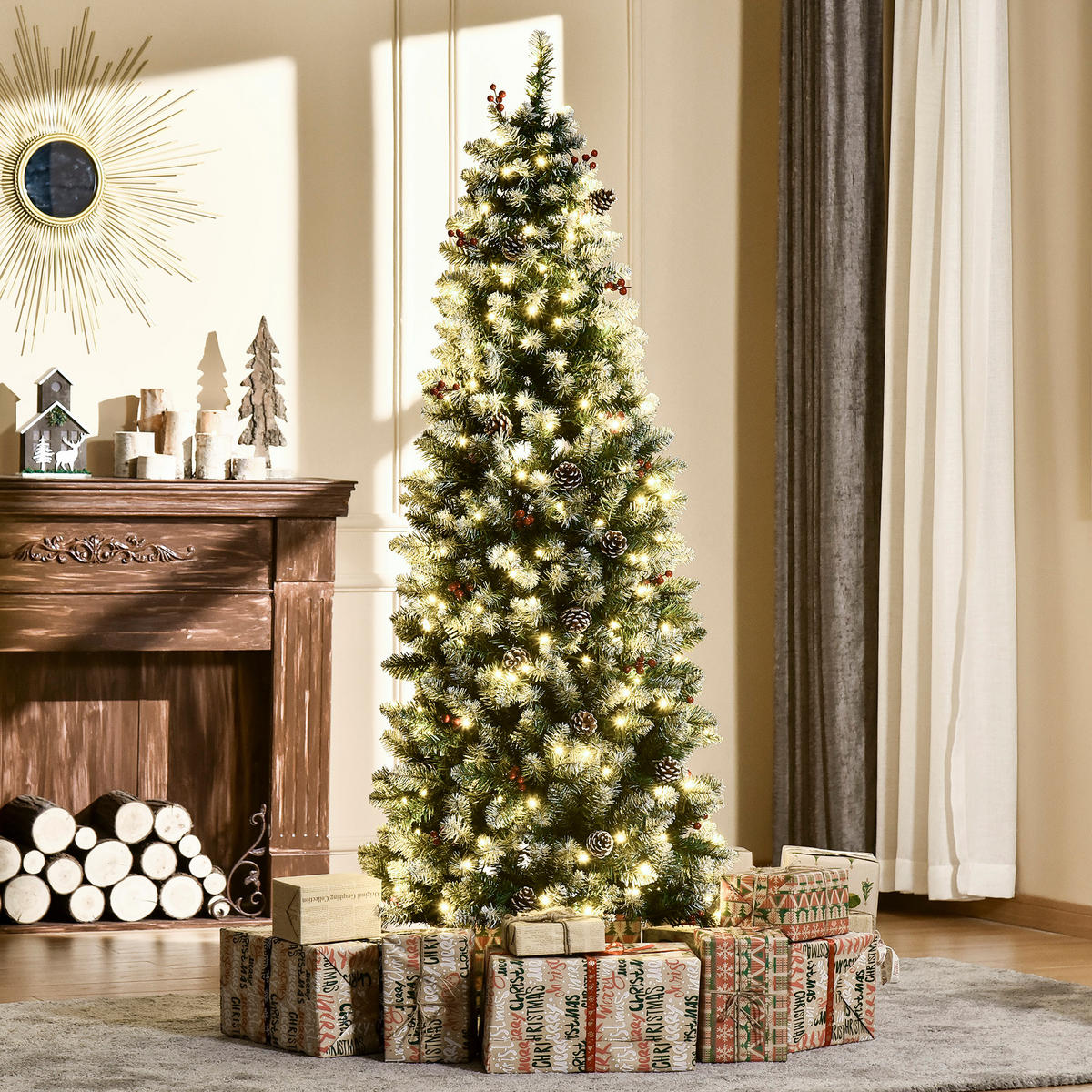 WEIHNACHTSBAUM 1,8 m Christbaum 618Zweige mit LED-Lichter Beeren PVC Grün+Weiß - Multicolor, Kunststoff (180cm) - HOMCOM