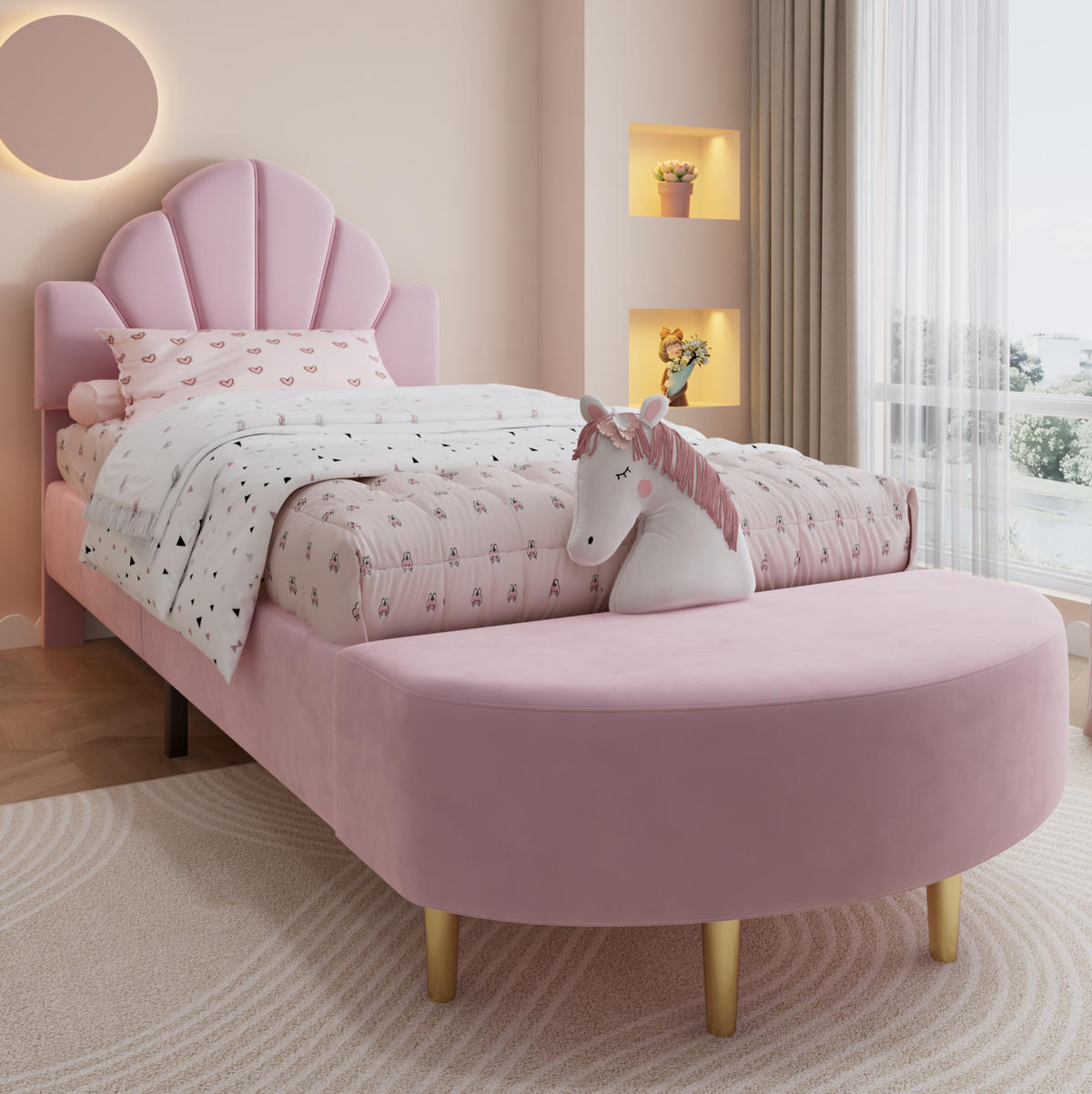 POLSTERBETT 90/200 cm in Rosa mit Samtkopfteil und Bettbank - Rosa, Textil (90/200cm) - Flora Grace