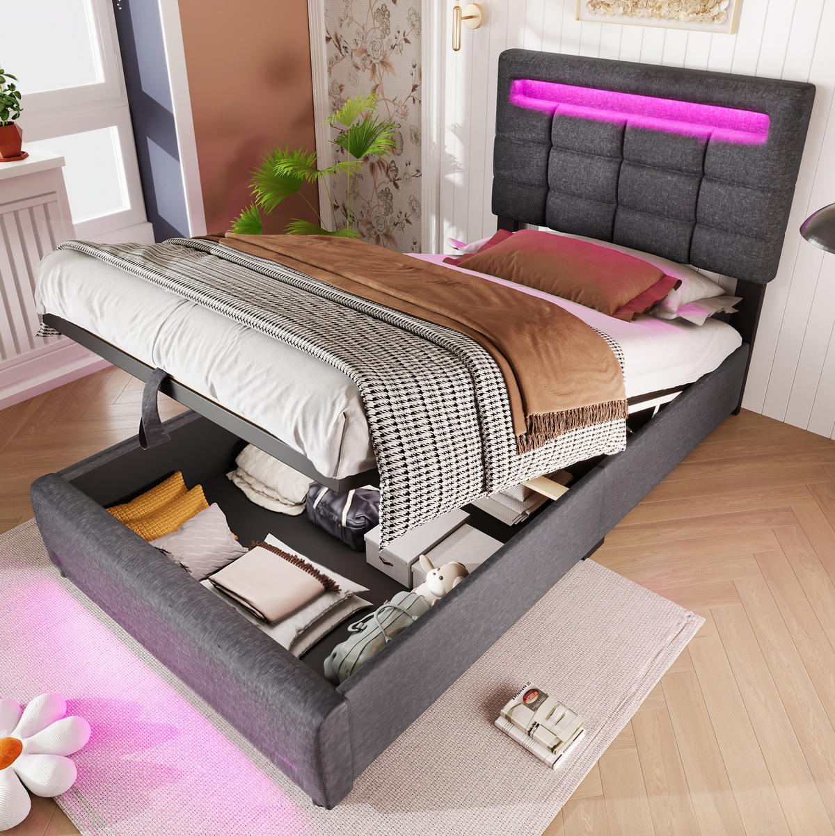 POLSTERBETT mit Stauraum, LED und USB 90x200 cm Leinen Grau - Grau, Metall (90/200cm) - Meubliv