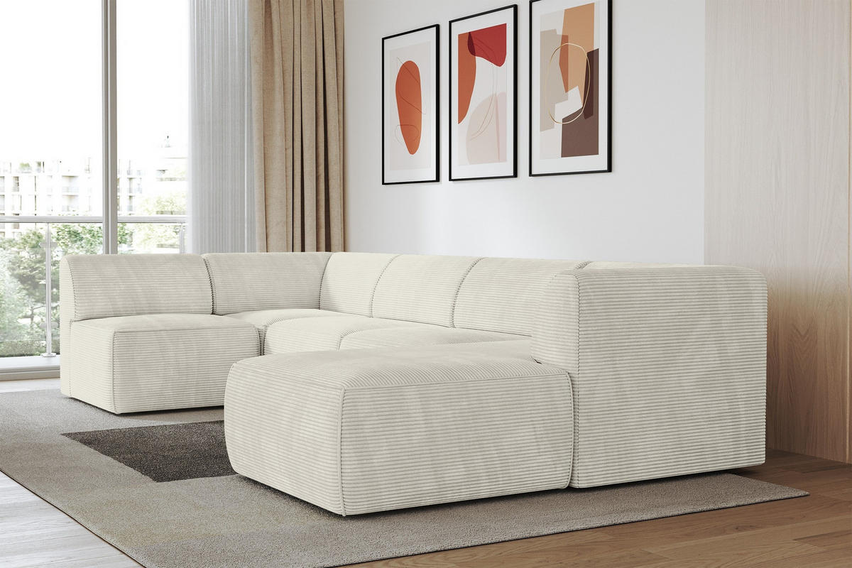 WOHNLANDSCHAFT Ottomane Rechts MOVO-L 345x180x78 cm Cream Cord - Creme/Schwarz, Holzwerkstoff/Kunststoff (345/78/180cm) - ALTDECOR
