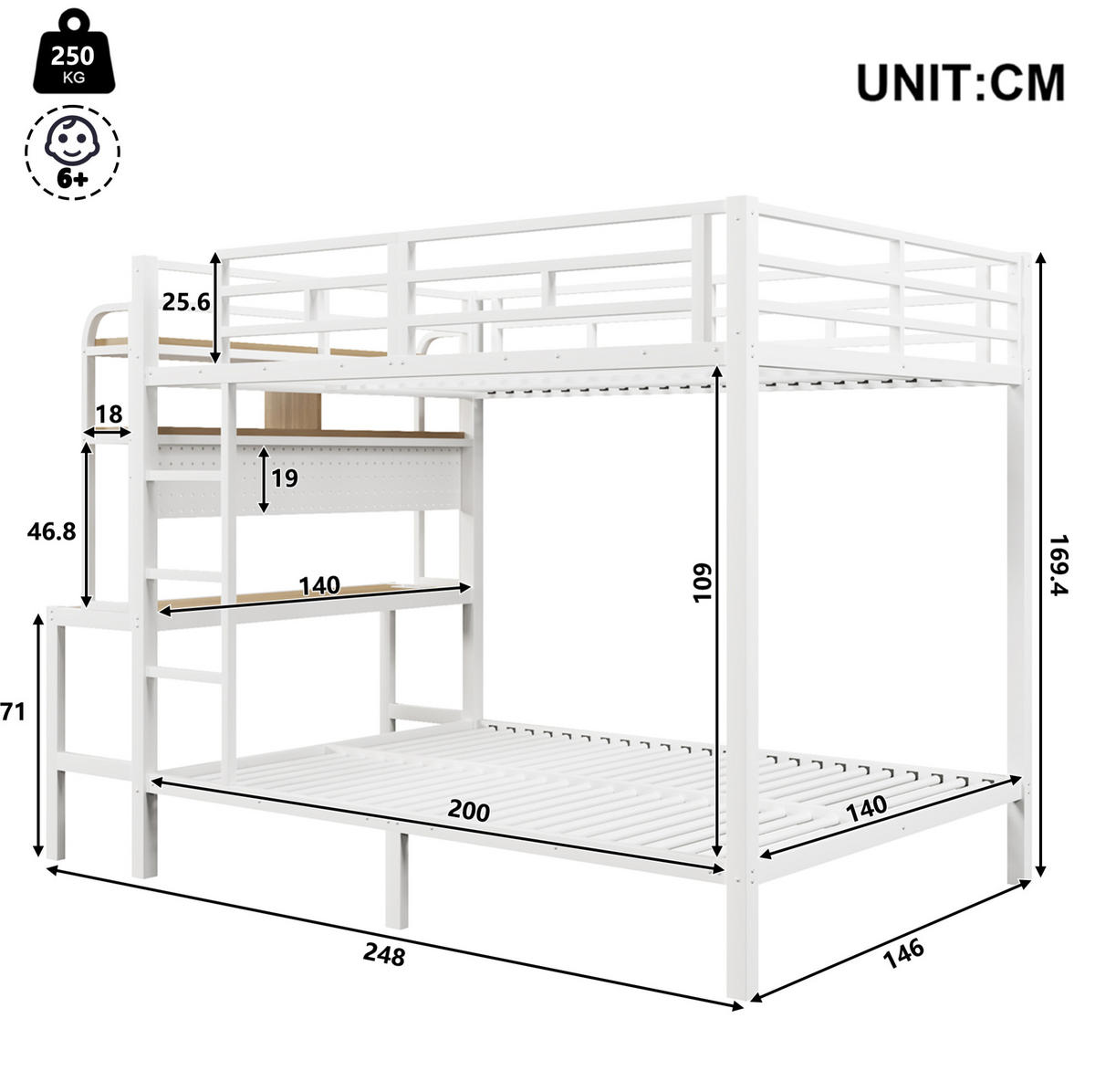 ETAGENBETT 140/200 cm in Weiß mit Schreibtisch, LED und USB-Anschluss - Weiß, Metall (140/200cm) - BEAOK