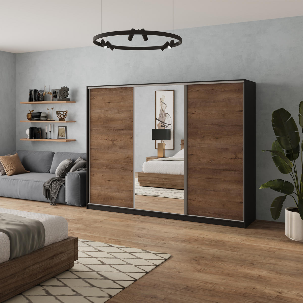 SCHWEBETÜRENSCHRANK SORE 250/205/58 cm 3-türig mit Spiegel und Schubladen Schwarz / Eiche Lefkas - Eichefarben/Silberfarben, Holzwerkstoff (250/205/58cm) - MASSENO