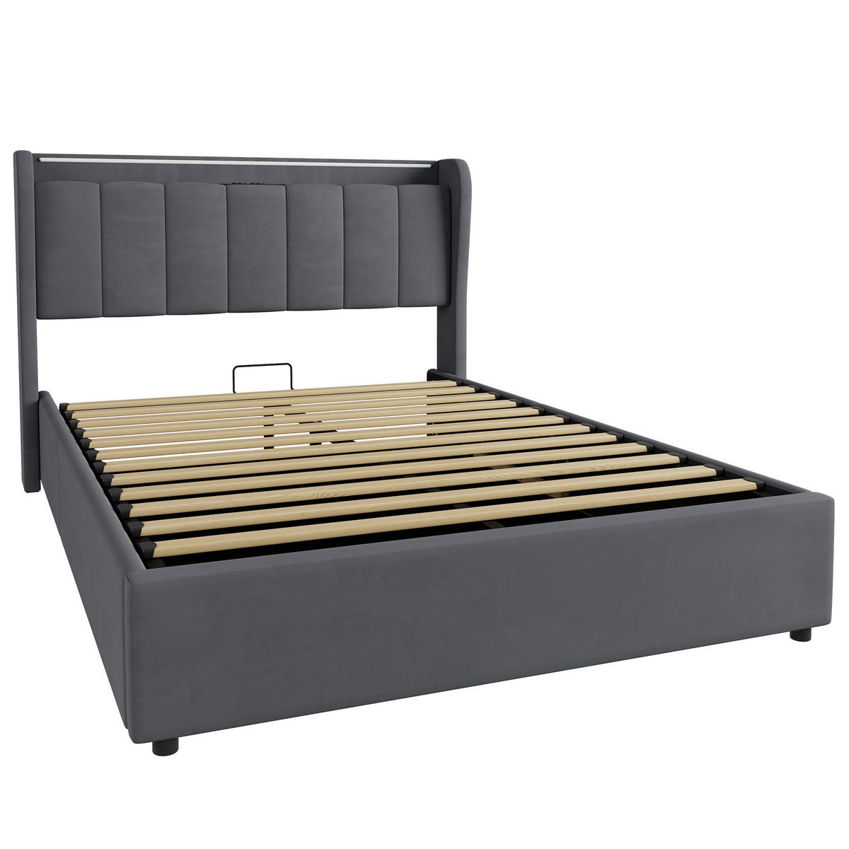 ČALOUNĚNÁ postel 140x190 cm tmavě šedá ze sametu s LED osvětlením, hydraulickým úložným boxem a nabíjecím konektorem - tmavě šedá, textil (140/190cm) - OKWISH