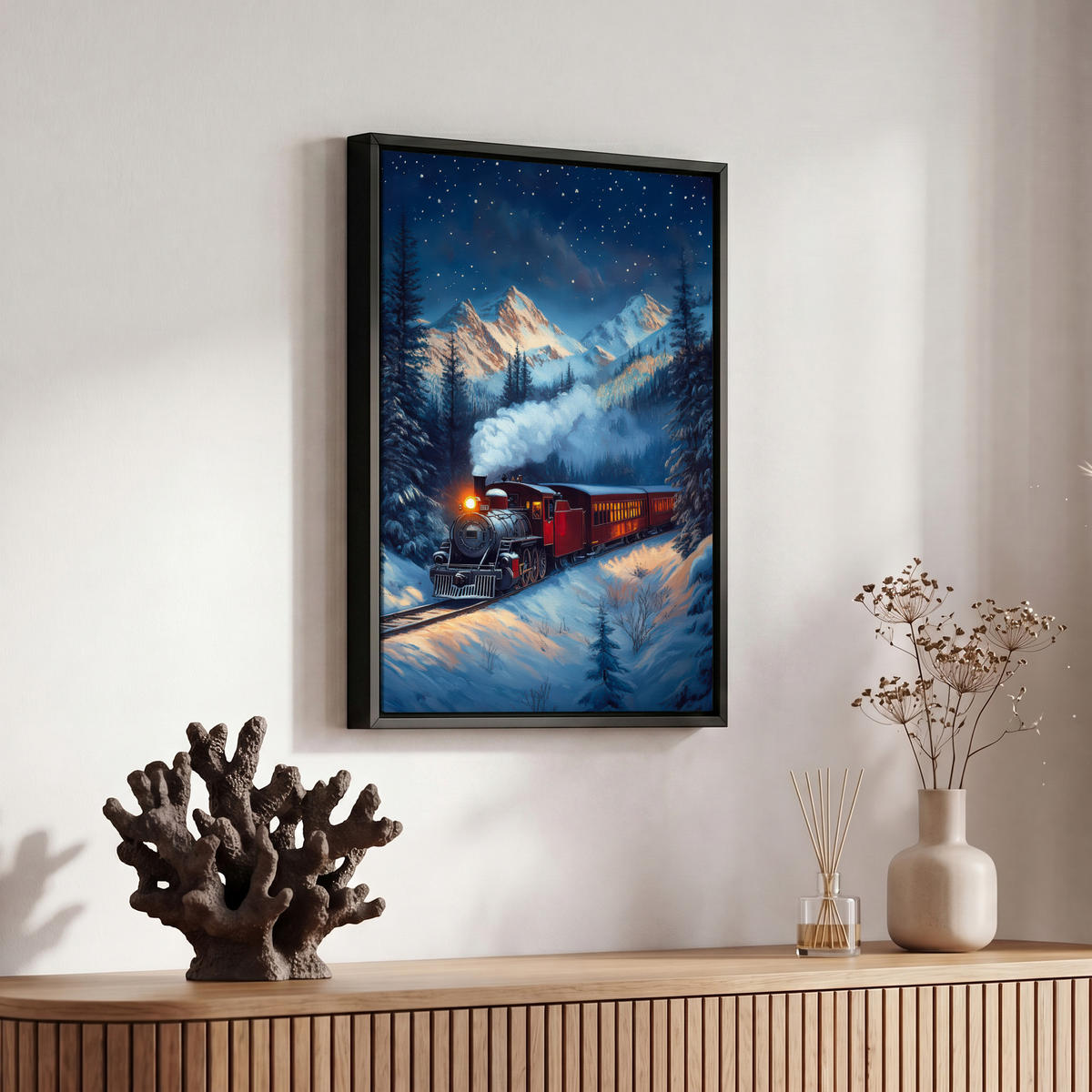 LEINWAND Bilder mit Rahmen - Zug - Weihnachten - Schnee - Weihnachtszug - 20x30 - Anthrazit, Textil (20/30cm) - MuchoWow