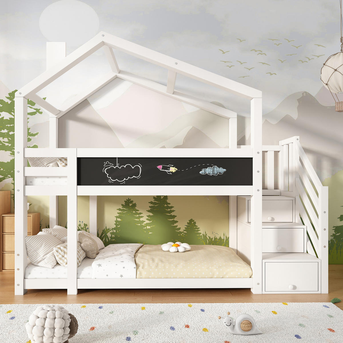 ETAGENBETT aus Kiefer-Massivholz und MDF 90x200 cm Weiß mit Stauraumtreppe und Tafel - Weiß, Holzwerkstoff (90/200cm) - IVMEU