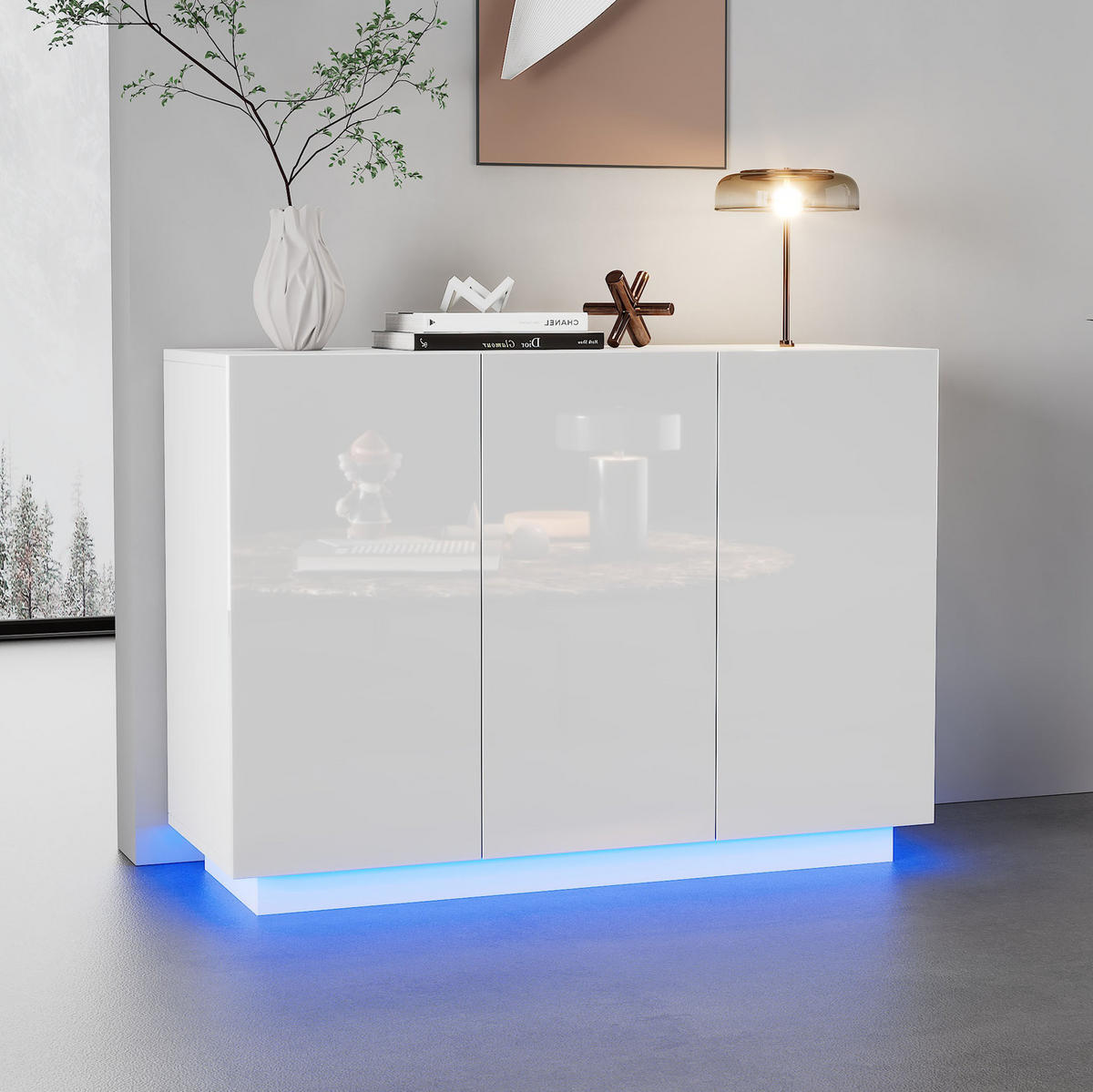 SIDEBOARD 120/40/75 cm s LED osvetlením, diaľkovým ovládaním a výklopnými dvierkami, Biela - biela/biela s vysokým leskom, kompozitné drevo (120/75/40cm) - Redom