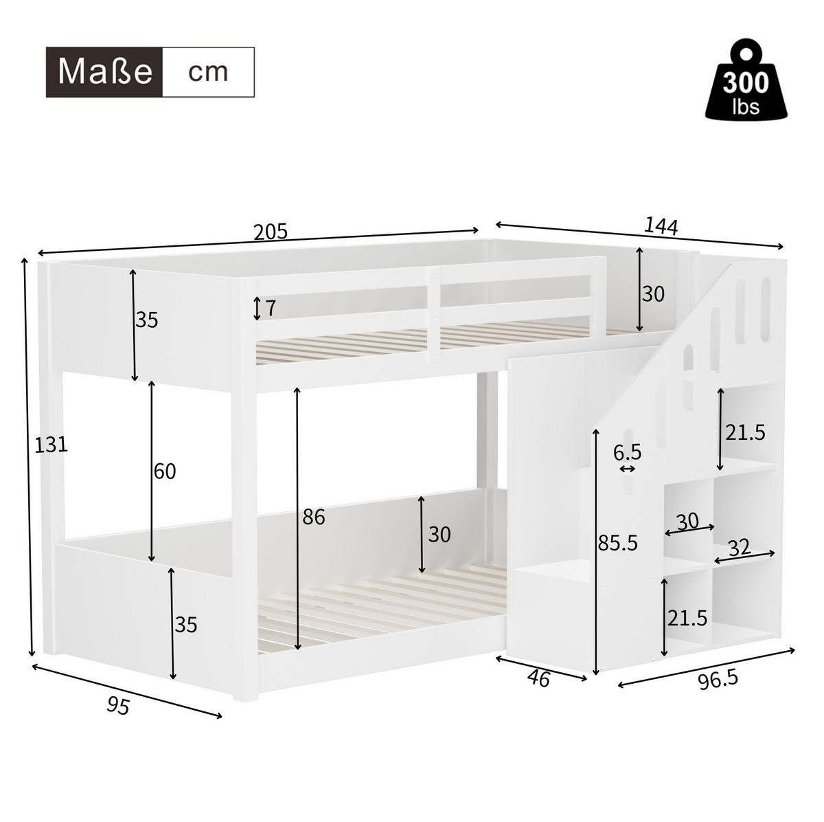 ETAGENBETT 90/200 cm weiß aus Massivholz mit Stauraumtreppe - Weiß, Holz (90/200cm) - OKWISH