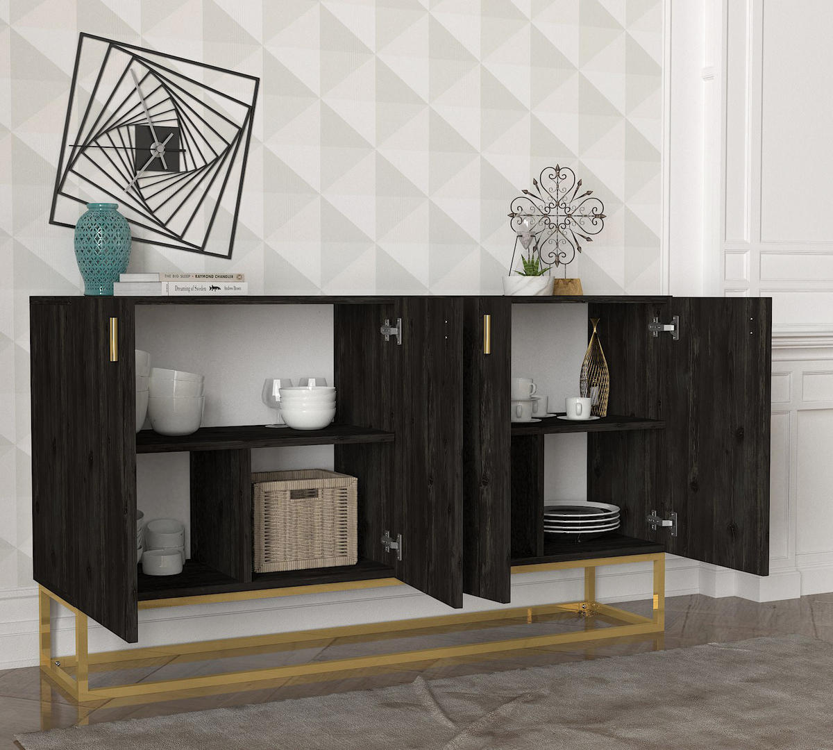 SIDEBOARD Theodora Rebab Braun 4-Türig Gold mit Metallfüßen - Dunkelbraun/Goldfarben, Holzwerkstoff/Metall (150/83.6/36.8cm) - moebel17
