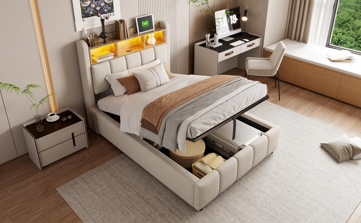 POLSTERBETT 90x200 cm LED USB Stauraum beige - Beige, Textil (90/200cm) - LEBENLANG