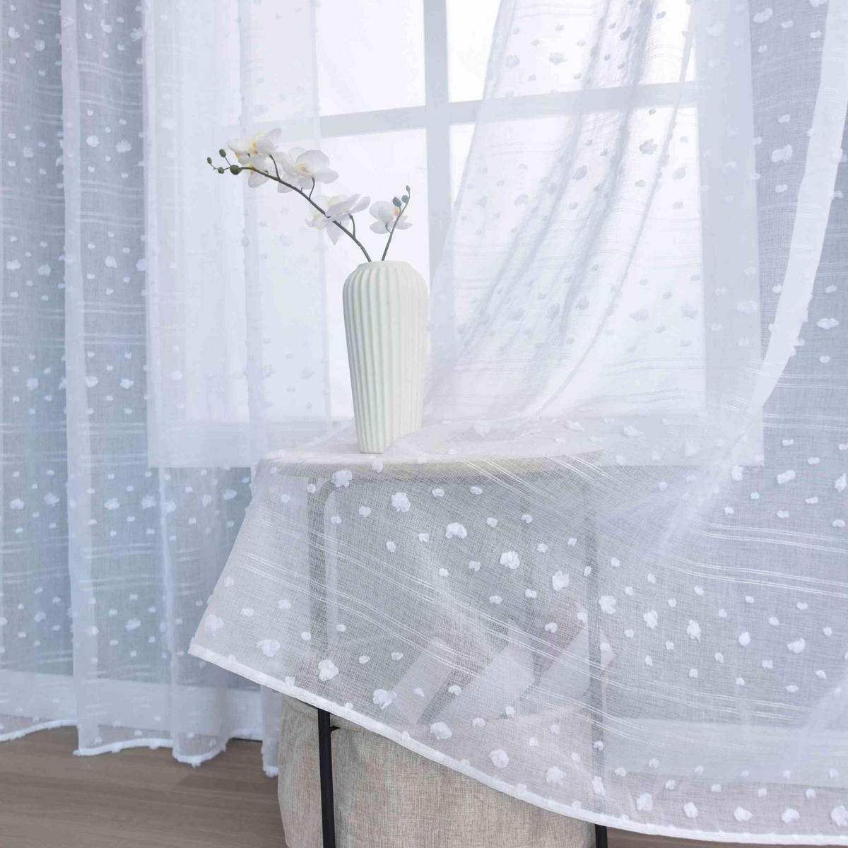 GARDINE LEINEN HxB 245x145 cm Natur Pompom - Weiß, Textil (145/245cm) - Gardinenbox