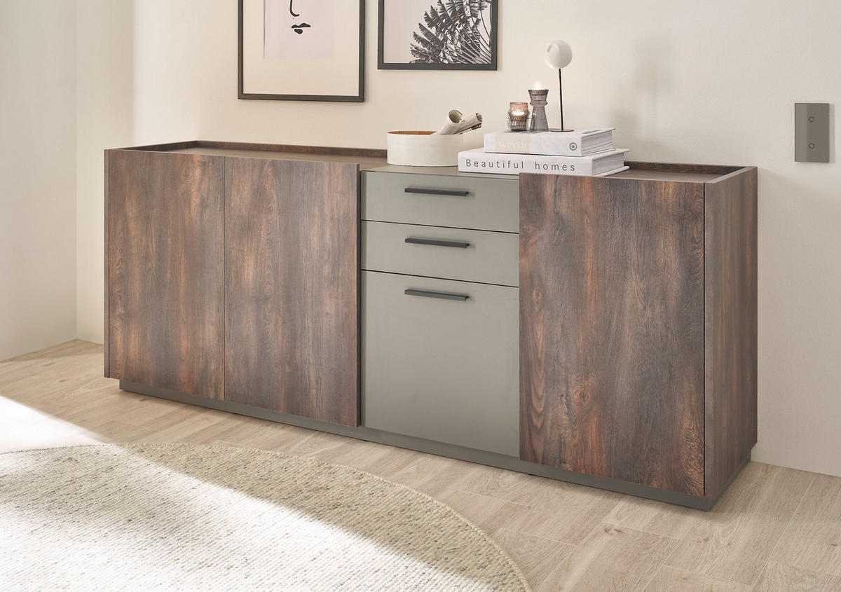 SIDEBOARD Thermo Eiche, grau, Kommode mit Soft-Close 200 x 80 cm - Eichefarben/Schwarz, Holzwerkstoff/Kunststoff (200/80/45cm) - Furn.Design