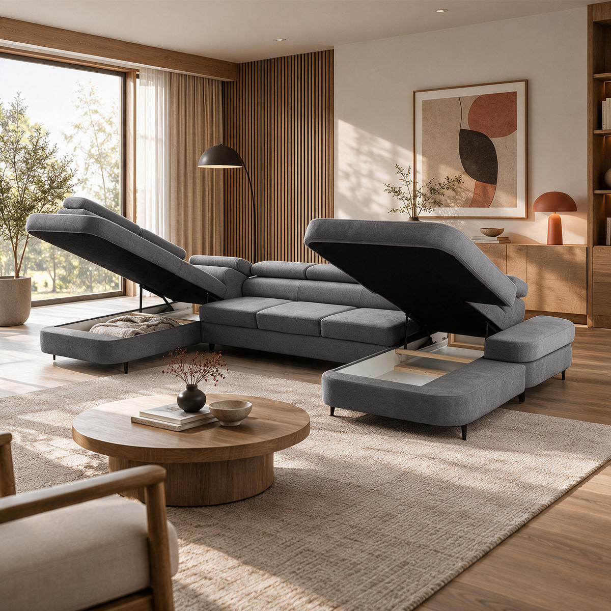 ECKSOFA U-Form PRIAM MAXI U Links mit Schlaffunktion 125x317 Velours Grau - Schwarz/Grau, Holz/Textil (203/91/400cm) - Muffo