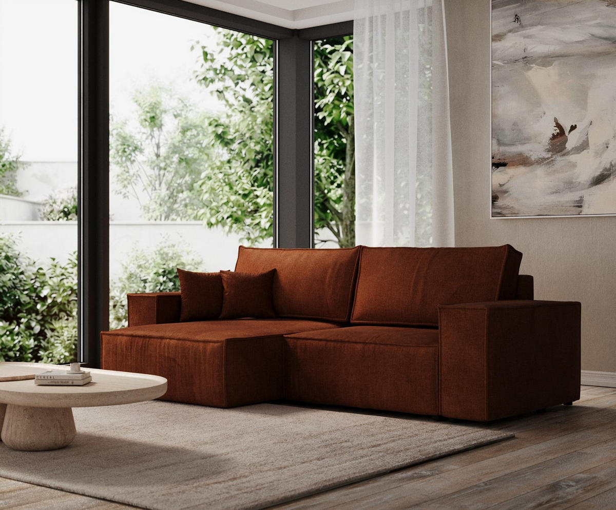 ECKSOFA CAVO mit Schlaffunktion Kupfer im Wind Stoff - Schwarz/Kupferfarben, Holz/Holzwerkstoff (255/148cm) - AltaBeds