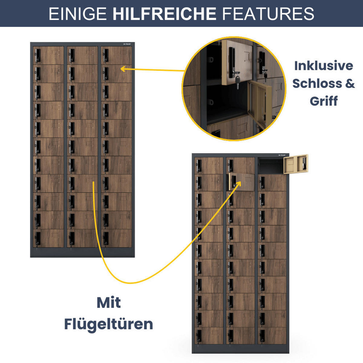 SCHLIESSFACHSCHRANK Spind PORTO 33 Fächer185x90x45cm Anthrazit-Nussbaum - Anthrazit, Metall (90/185/45cm) - DELUKE