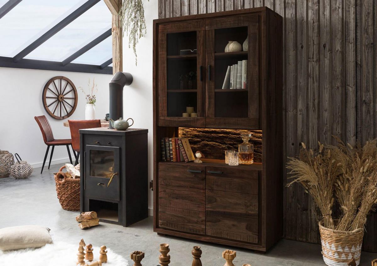 VITRINE Akazie 98x40x180 dunkelbraun lackiert BARK #209 - Dunkelbraun, Holz (98/180/40cm) - Massivmoebel24