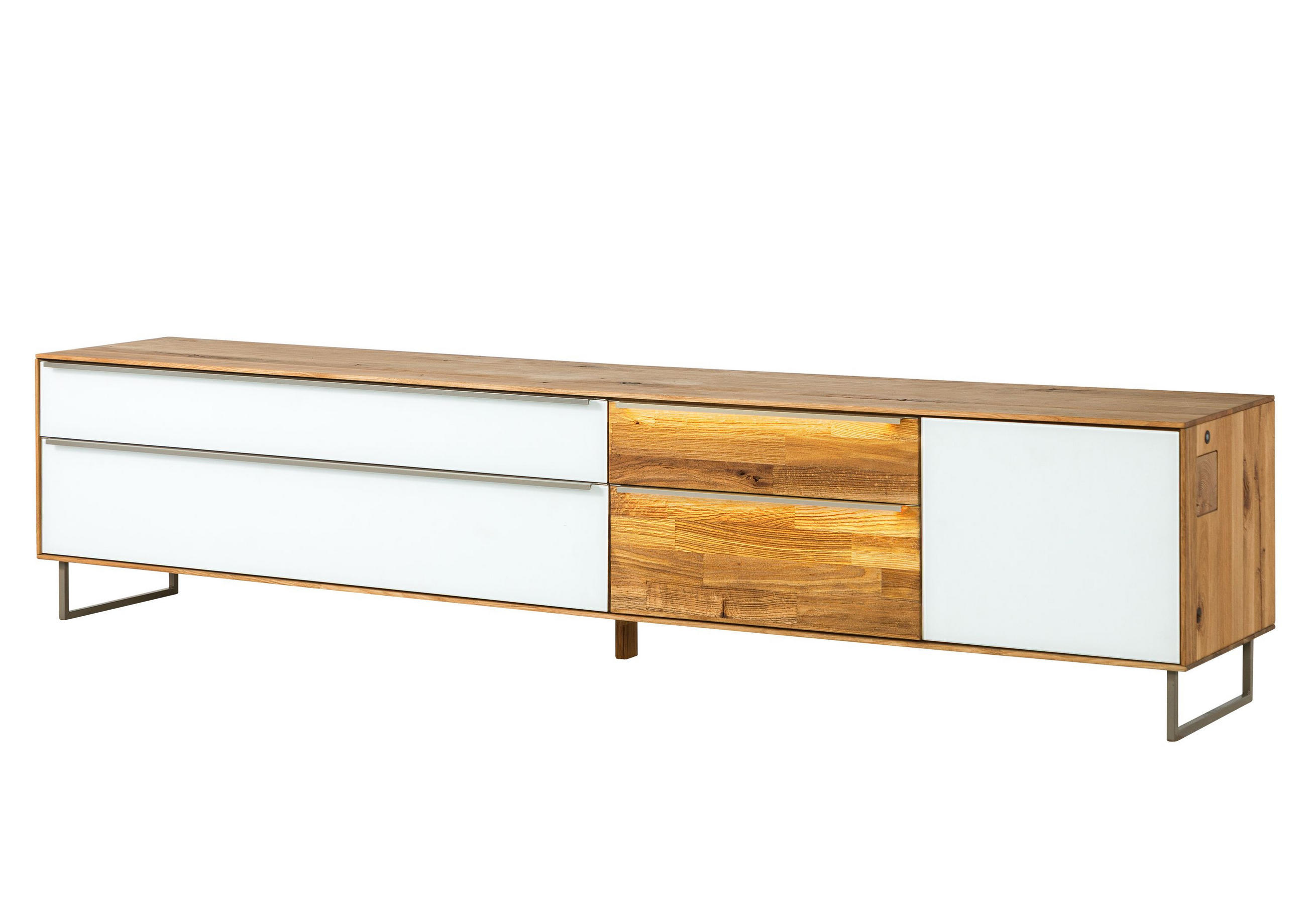 LOWBOARD Wildeiche 235x43x52 natur geölt / Glas weiß WIEN #106 - Naturfarben/Weiß, Holz (235/52/43cm) - Massivmoebel24