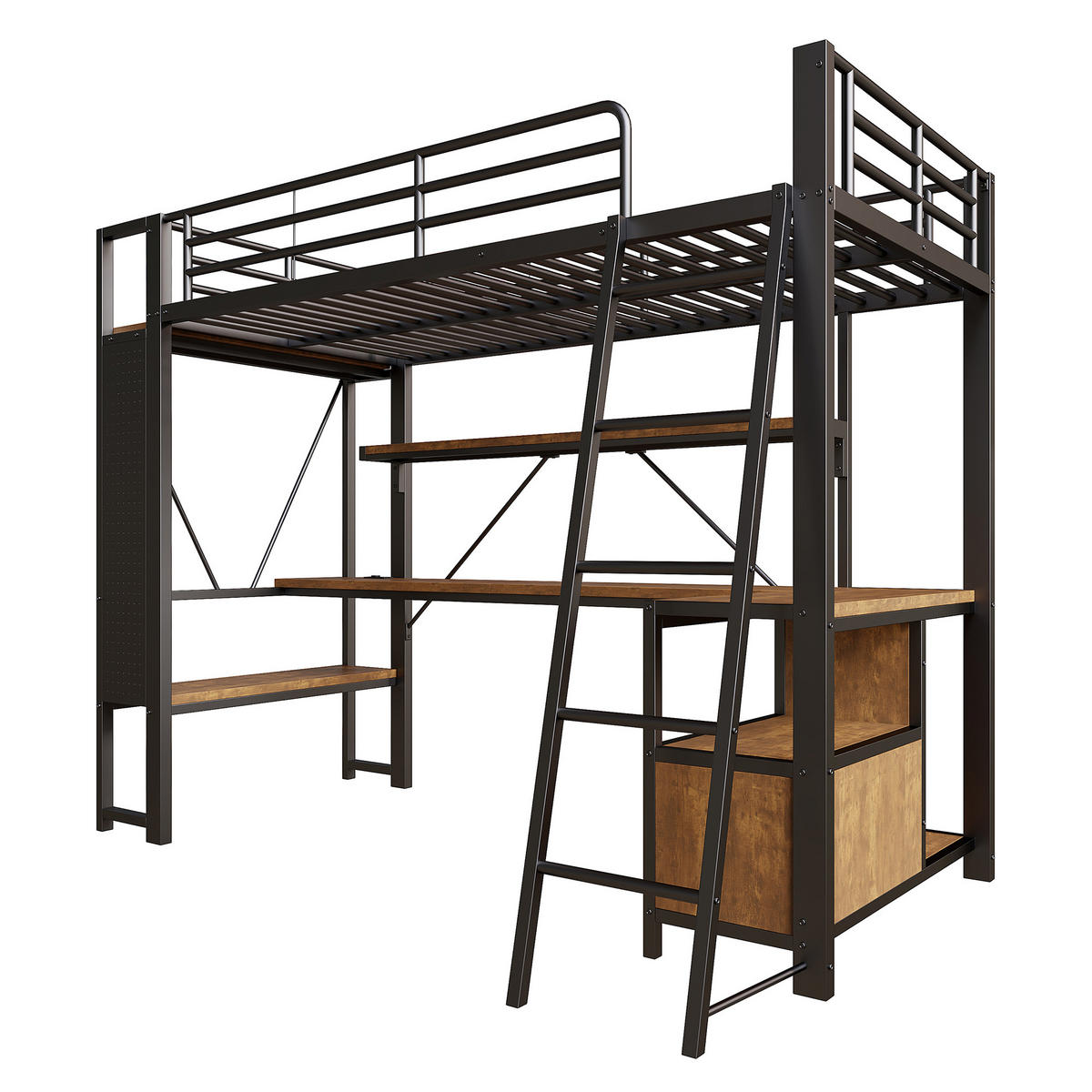 HOCHBETT 90/200 cm in Schwarz mit Schreibtisch, Regalen, Lochwand, LED und USB im modernen Design - Schwarz, Holzwerkstoff/Metall (90/200cm) - STILVORA