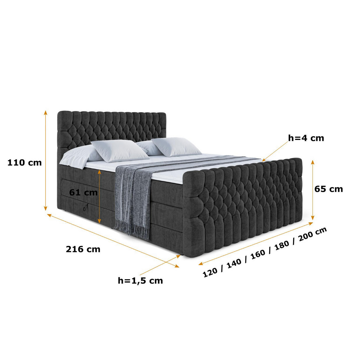 BOXSPRINGBETT SERENE-Z KING - 120 x 200 - H3/H4 - Schwarz - Schwarz, Holzwerkstoff (120/200cm) - ALTDECOR