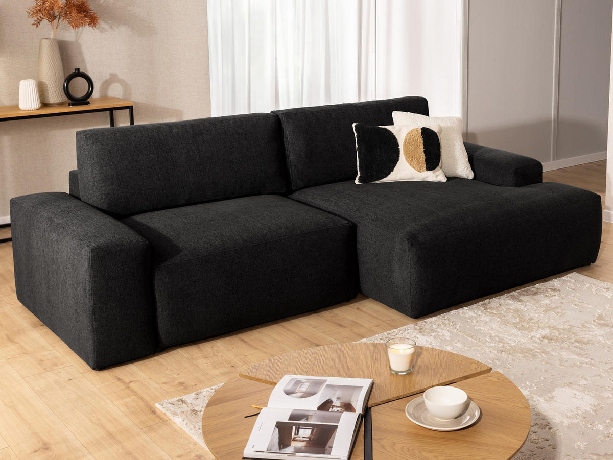 ECKSOFA Lennon aus Schwarz Strukturstoff mit Schlaffunktion und Bettkasten - Schwarz, Holz/Kunststoff (264/137cm) - S-Style