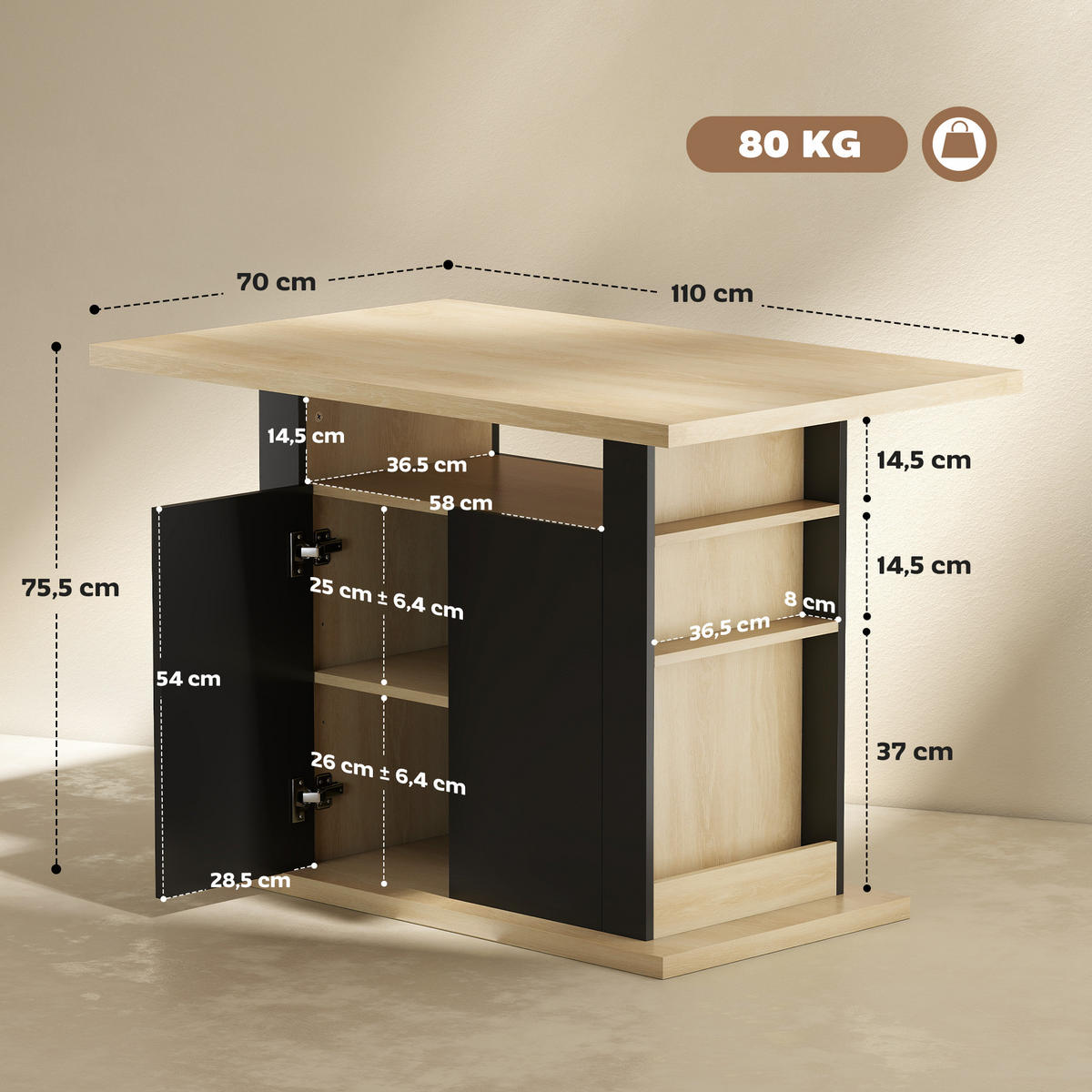 KÜCHENINSEL Schwarz 1 Stück - Schwarz, Holzwerkstoff (70/75.5/110cm) - GiPP